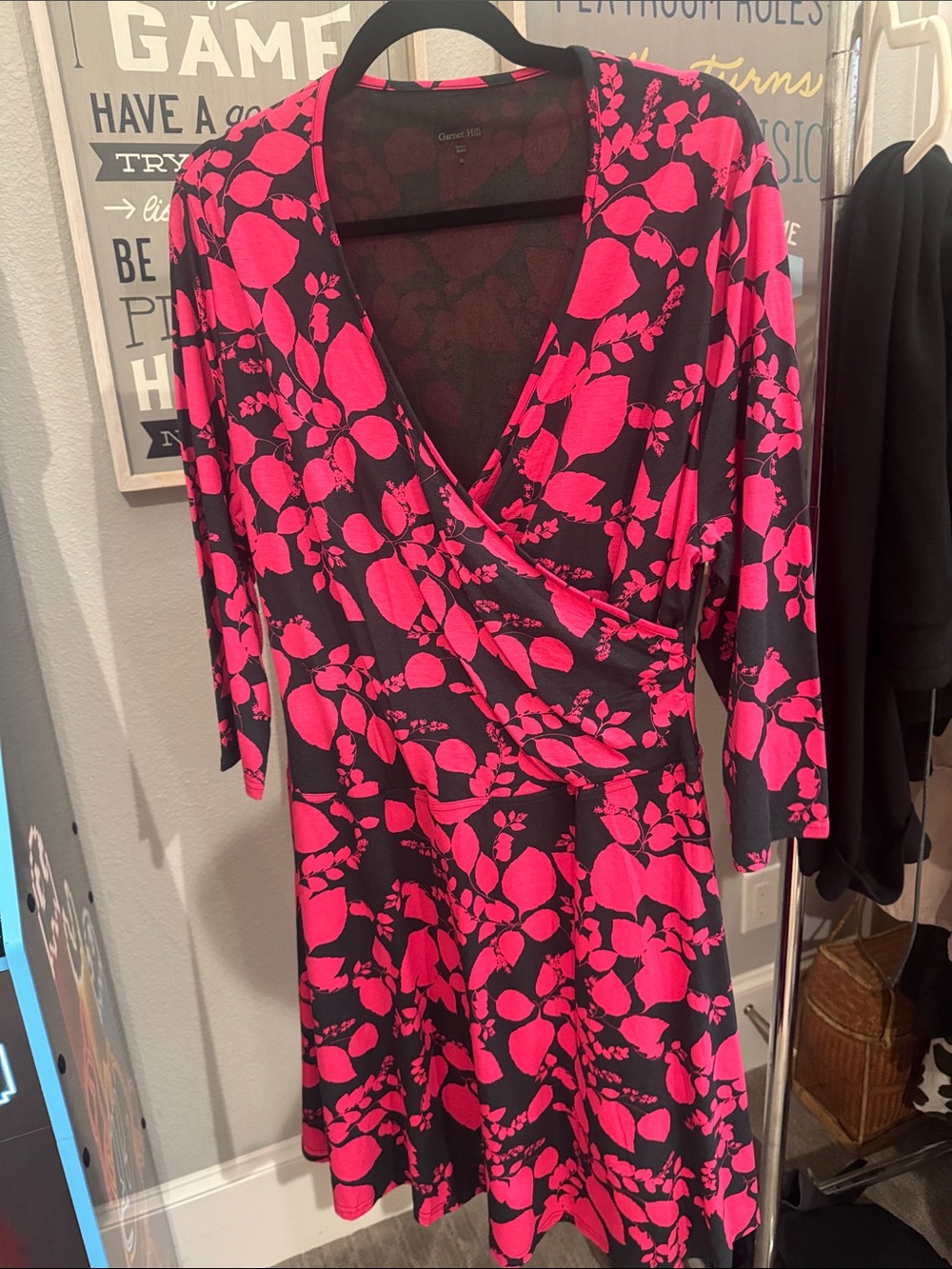 Garnet Hill Hot Pink and Black Floral Wrap Dress